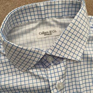 Collars & Co Dress Polo Shirt M Tall Blue White Check Short Sleeve Spread Golf